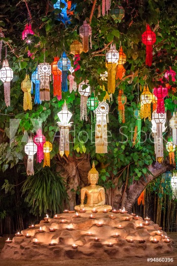 Picture of Buddha statue surounded by candles during Loy Kratong Festival